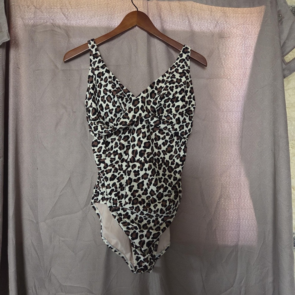 Kona Sol Swimsuit Womens XL Brown Leopard One Piece Strappy Back Lined Stretch